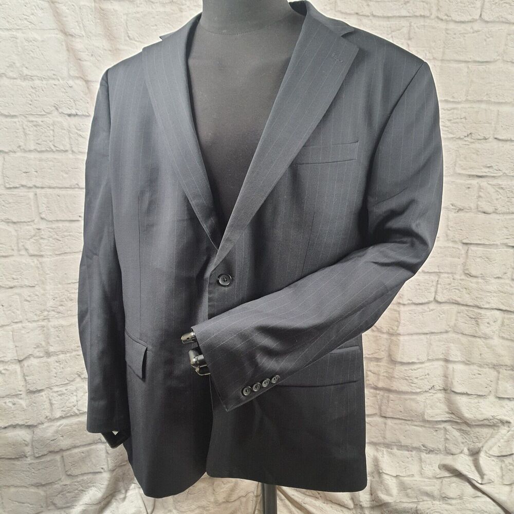 Geoffrey Beene Mens 48L Wool Sport Coat Black Pinstripe Jacket